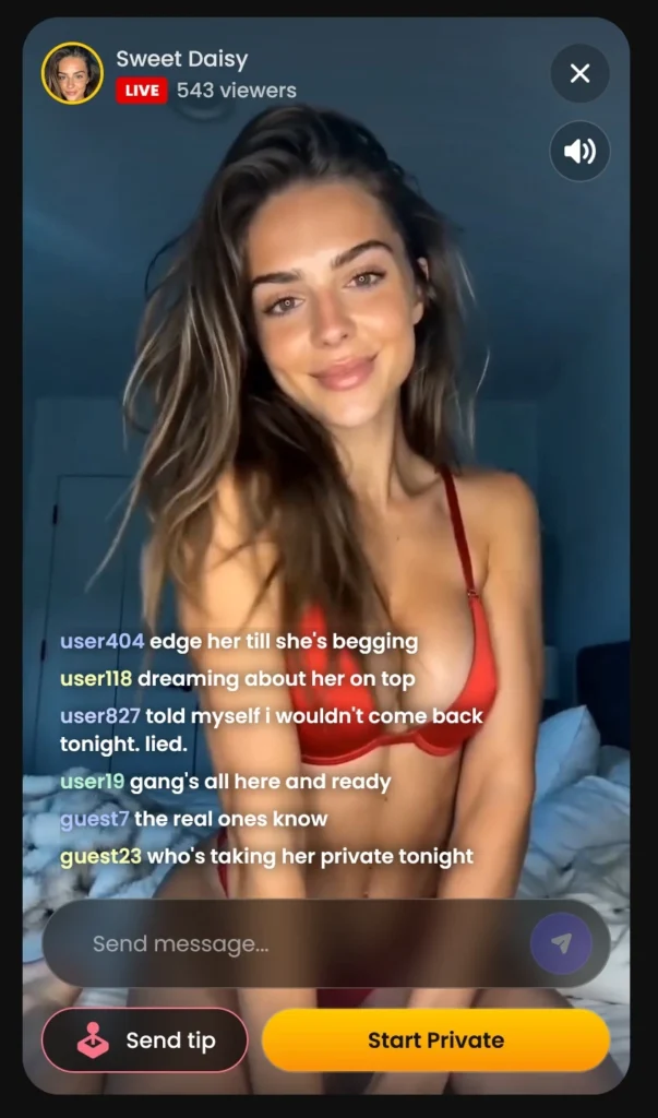 Candy.ai AI cam show interface with virtual host, simulated livestream chat, viewer counter, tipping control, and private session option