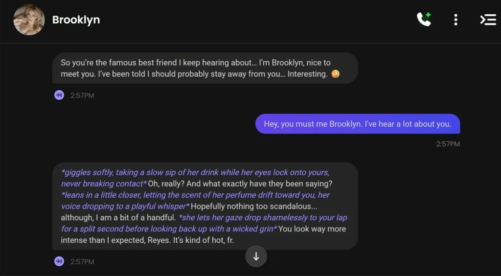 Candy.ai AI girlfriend chat with Brooklyn showing a descriptive roleplay reply and character photo gallery