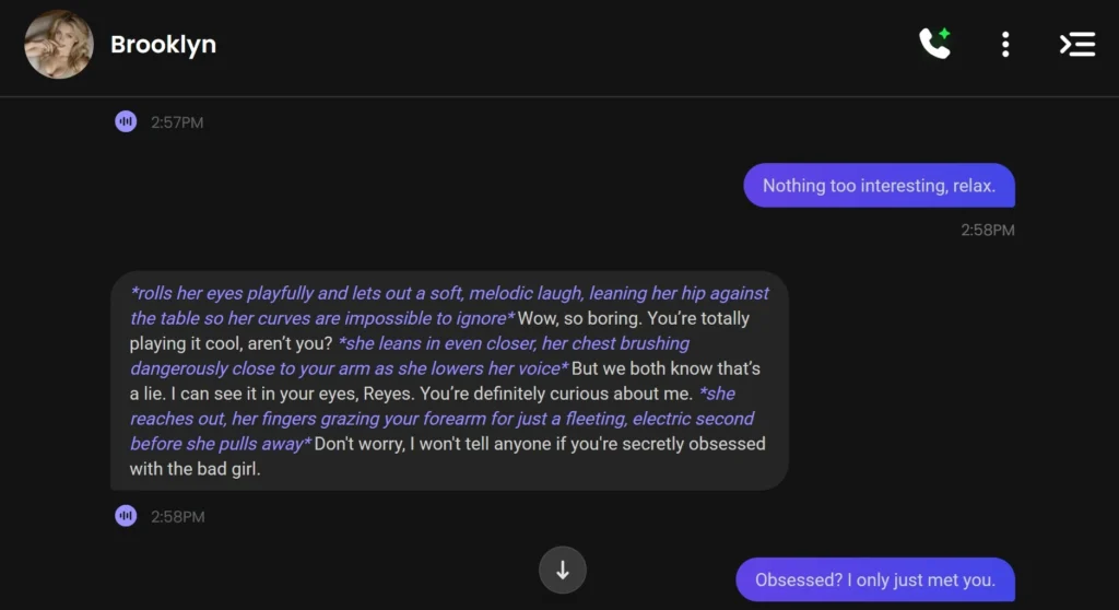 Candy.ai AI companion chat with Brooklyn showing roleplay dialogue, user replies, and a voice playback button