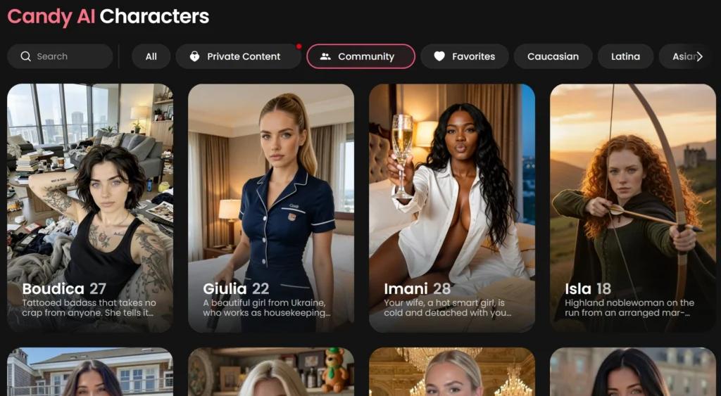 Candy.ai community characters page showing user-created AI girlfriend profiles with searchable categories, filters, and multiple character cards
