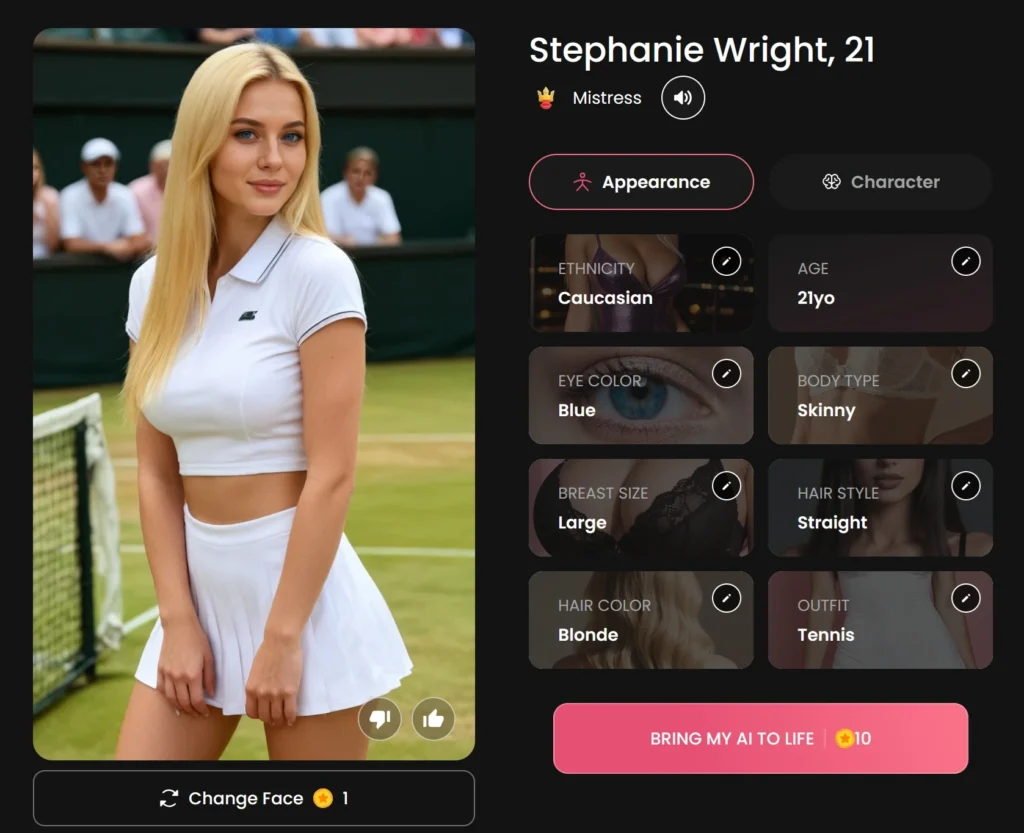 Candy.ai character creator screen showing custom AI girlfriend builder with appearance options like age, hair color, eye color, body type, and outfit