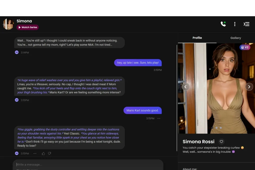 A roleplay chat example inside Candy AI showing detailed and immersive AI responses.