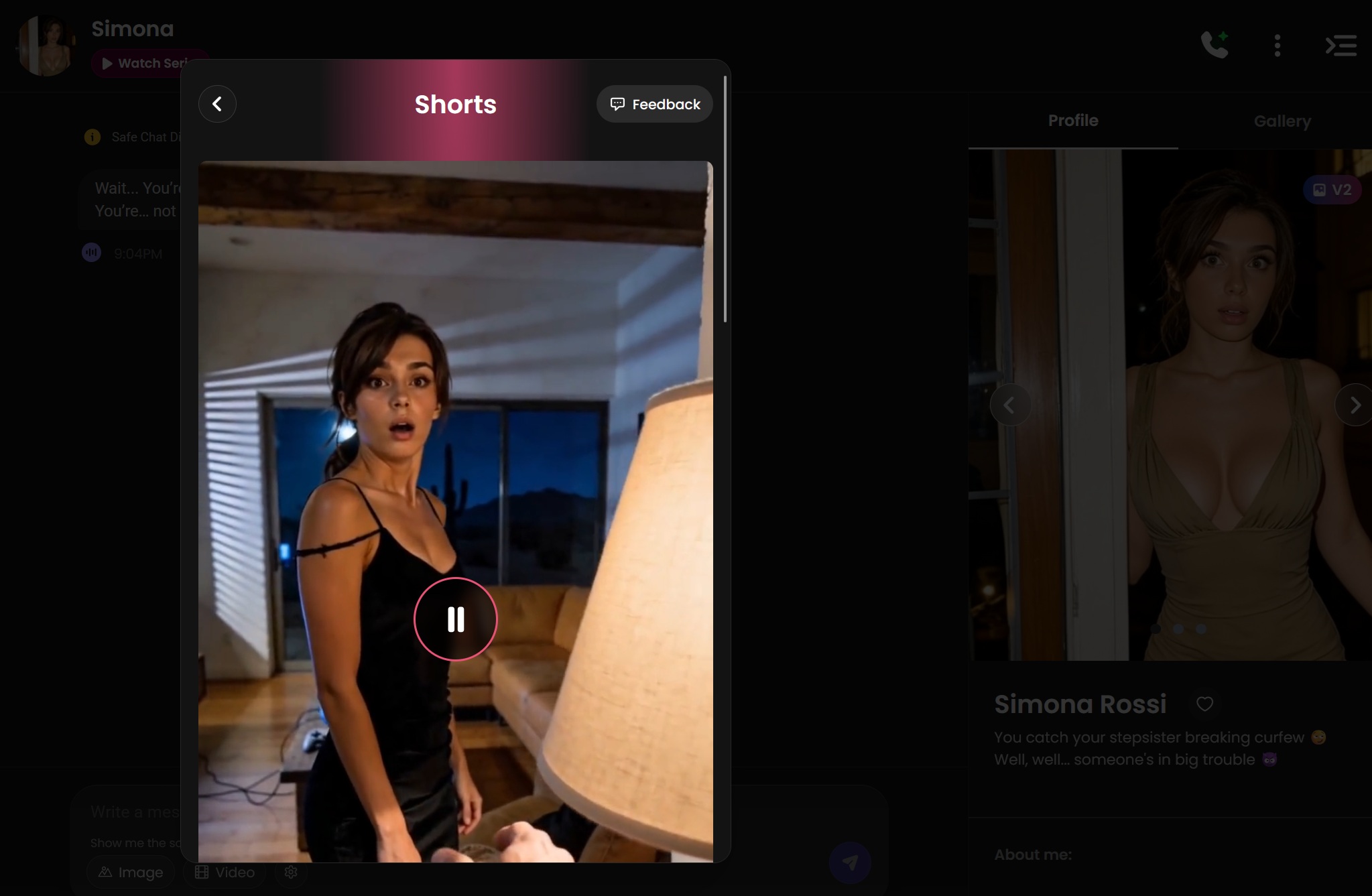 The interactive video shorts feature in Candy AI playing a dynamic clip of an AI companion.