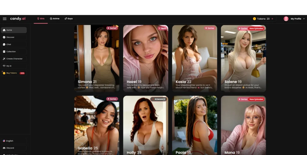A gallery of virtual AI girlfriend characters available to chat with on Candy AI.
