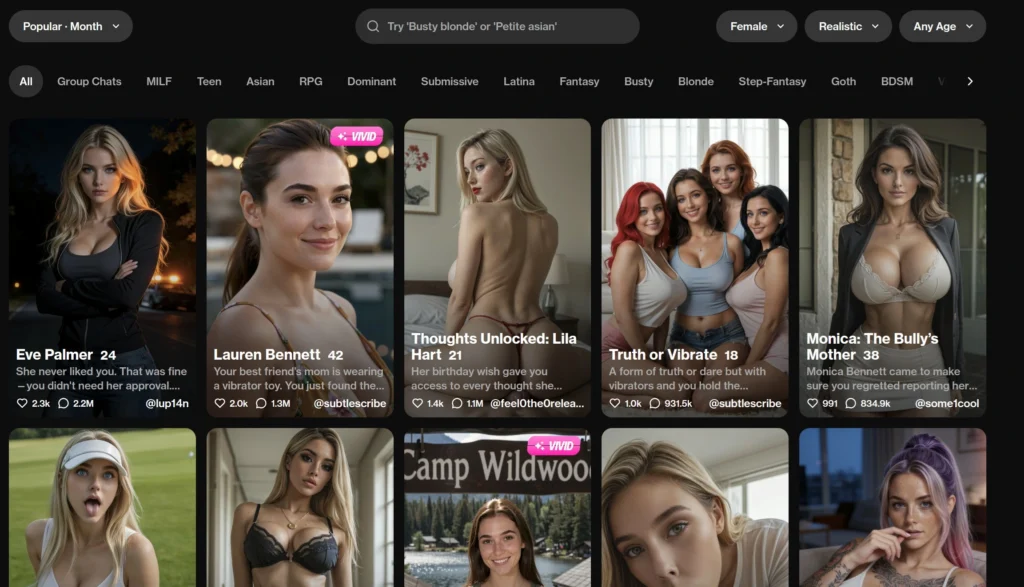OurDream.ai character discovery page showing AI companion cards, community-created characters, popularity sorting, keyword search, and filters for gender, style, age, and roleplay categories.