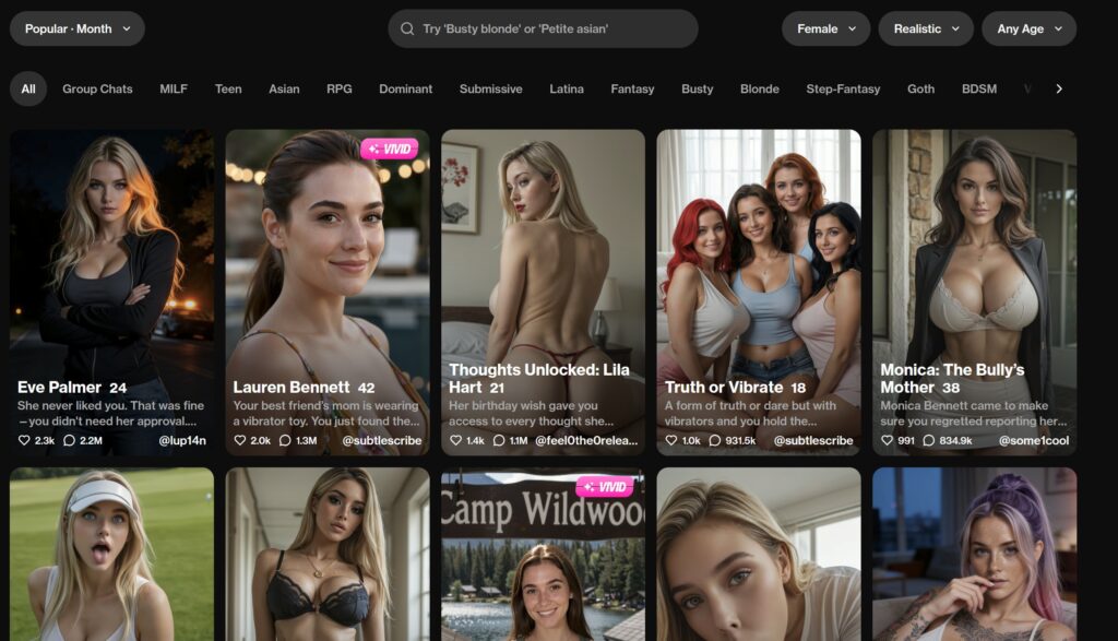 OurDream.ai character discovery page showing AI companion cards, community-created characters, popularity sorting, keyword search, and filters for gender, style, age, and roleplay categories.