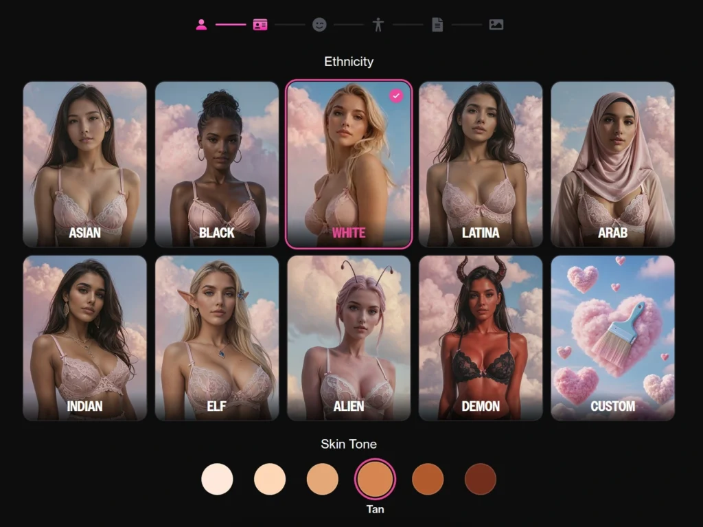 OurDream.ai character creator ethnicity and skin-tone selection screen with realistic, fantasy, and custom appearance options.