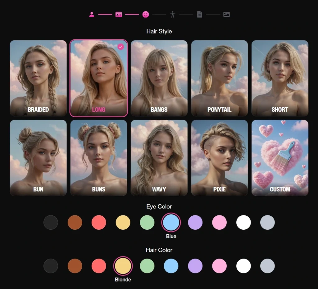OurDream.ai AI character creator showing hair-style presets, custom hairstyle option, eye-color selector, and hair-color customization.