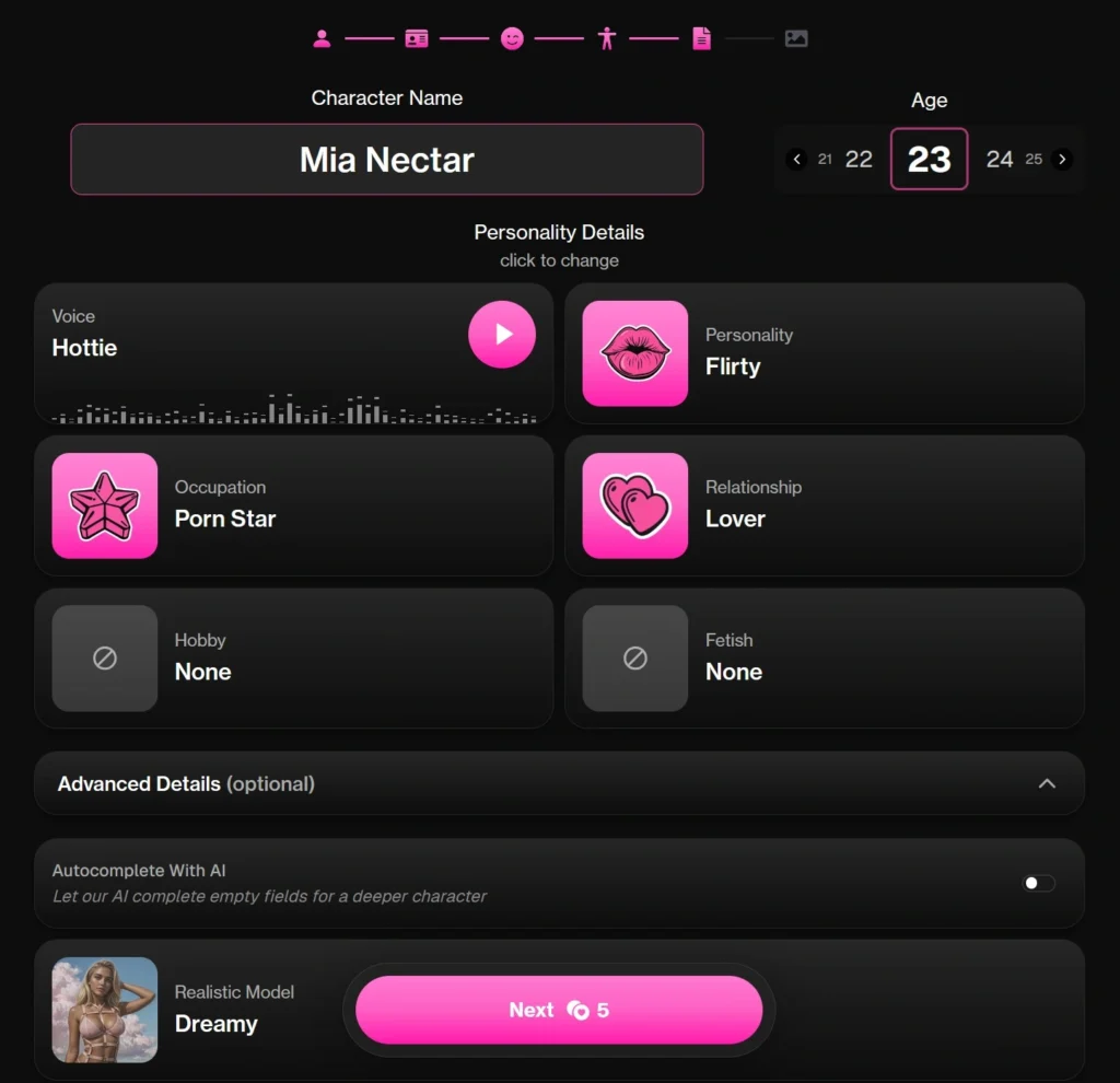 OurDream.ai AI girlfriend creator showing character name, age, voice, personality, occupation, relationship type, and AI-assisted profile setup.