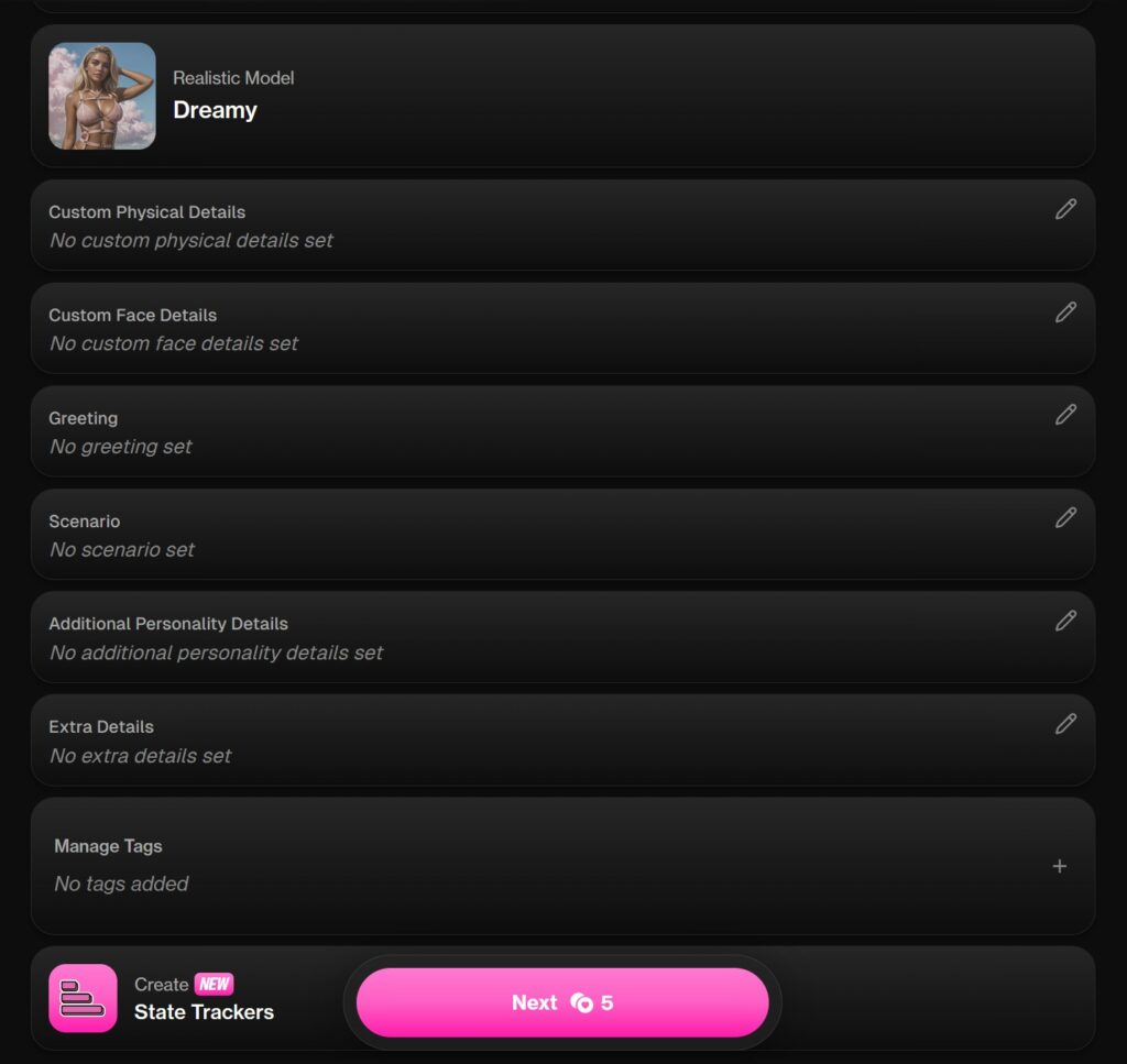 OurDream.ai advanced character customization menu for custom physical details, face details, greetings, scenarios, personality traits, tags, and stat trackers.