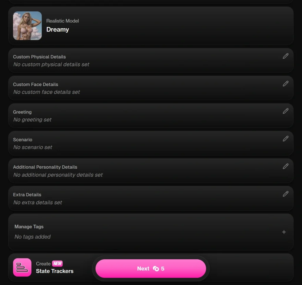 OurDream.ai advanced character customization menu for custom physical details, face details, greetings, scenarios, personality traits, tags, and stat trackers.