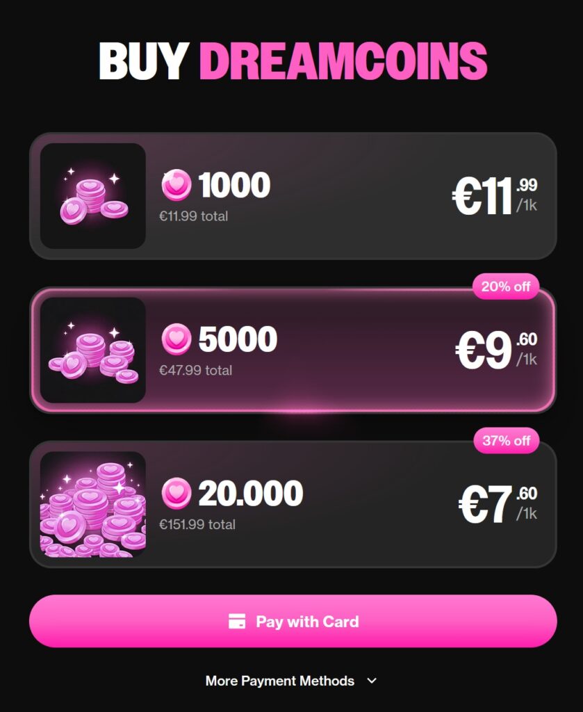 OurDream.ai DreamCoins purchase page showing 1,000, 5,000, and 20,000 coin packs with bulk-purchase discounts.