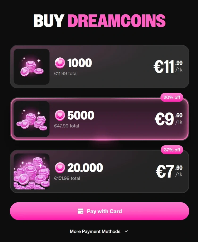 OurDream.ai DreamCoins purchase page showing 1,000, 5,000, and 20,000 coin packs with bulk-purchase discounts.