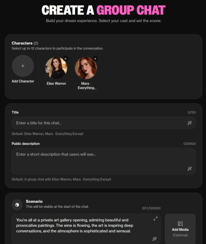 OurDream.ai group chat creator with two AI characters, custom title, public description, and scenario editor