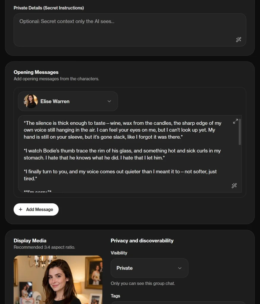 OurDream.ai group chat settings for private AI instructions, character opening messages, display media, and private visibility