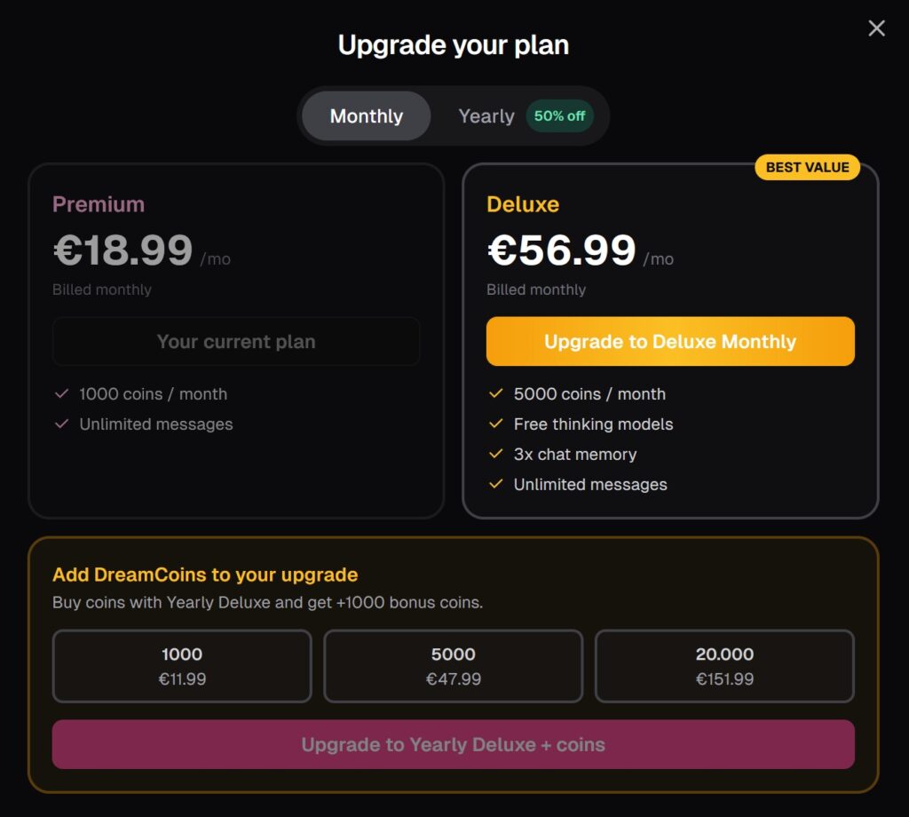 OurDream.ai monthly pricing page comparing Premium and Deluxe subscriptions, including 1,000 versus 5,000 monthly DreamCoins, unlimited messages, free thinking models, and expanded chat memory.