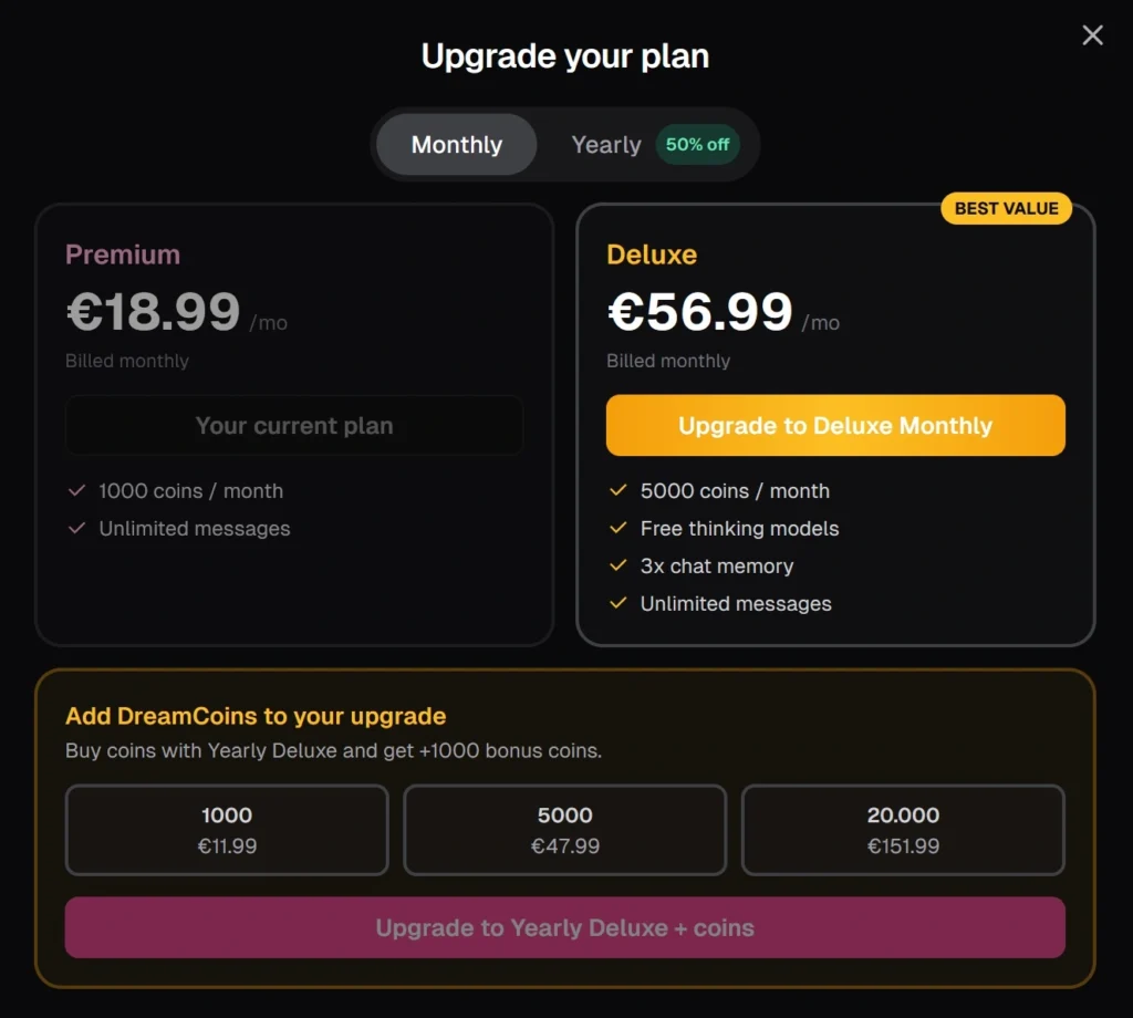 OurDream.ai monthly pricing page comparing Premium and Deluxe subscriptions, including 1,000 versus 5,000 monthly DreamCoins, unlimited messages, free thinking models, and expanded chat memory.
