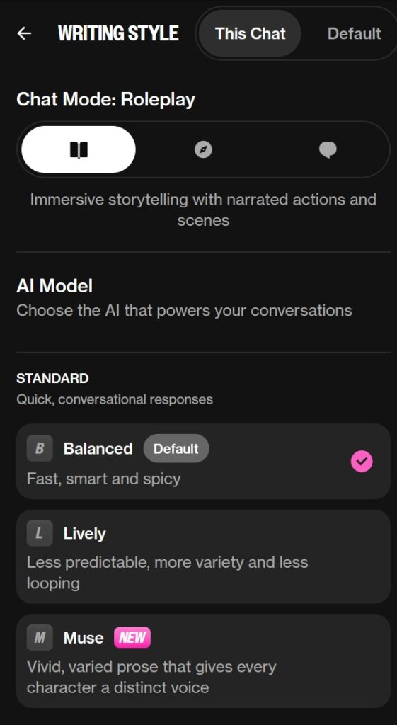 OurDream.ai chat customization settings for creativity, response length, and character intimacy level.