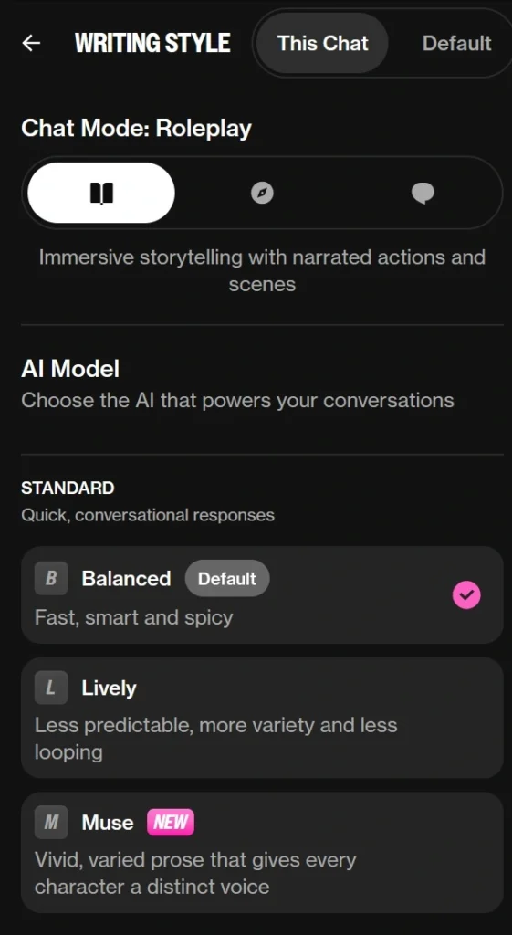 OurDream.ai chat customization settings for creativity, response length, and character intimacy level.