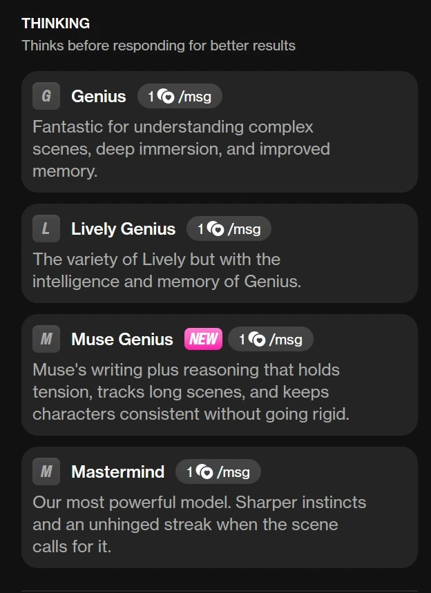OurDream.ai writing style menu with roleplay chat mode and selectable AI models including Balanced, Lively, and Muse.