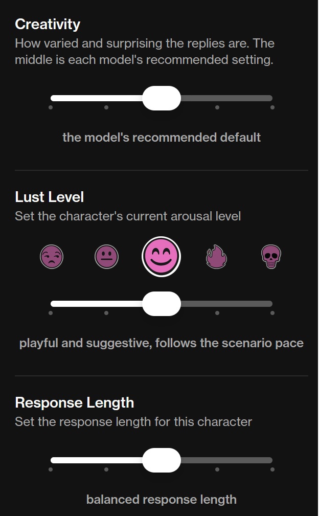OurDream.ai advanced AI model settings showing Genius, Lively Genius, Muse Genius, and Mastermind options for deeper memory and roleplay chats.