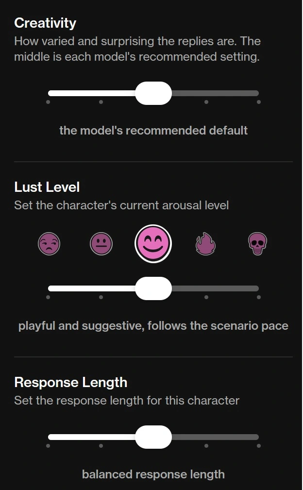 OurDream.ai advanced AI model settings showing Genius, Lively Genius, Muse Genius, and Mastermind options for deeper memory and roleplay chats.