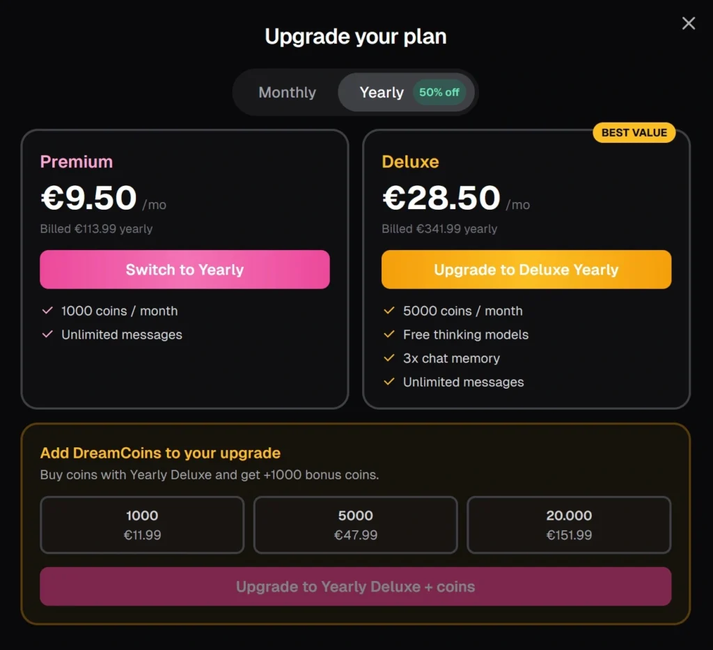 OurDream.ai yearly subscription pricing showing Premium and Deluxe plans, annual billing, monthly coin allowances, unlimited messages, and Deluxe chat-memory benefits.